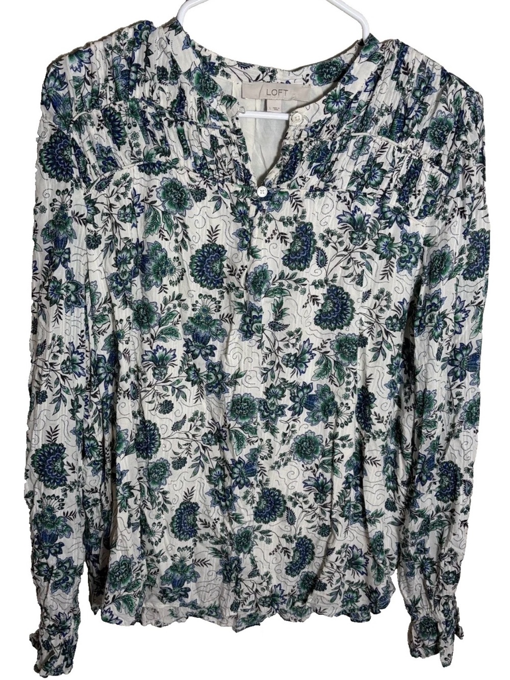 LOFT White Floral Pintuck Long-Sleeve Blouse with Blue & Green Print